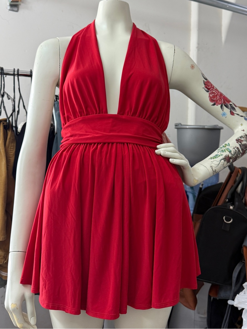 Red deep halter plunge Windsor mini dress red night dress cocktail mini